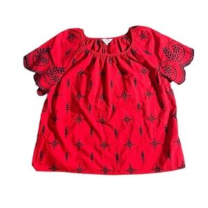 Crown & Ivy 100% Cotton Red Eyelet Embroidered Peasant Blouse w/ Scallop Sleeves